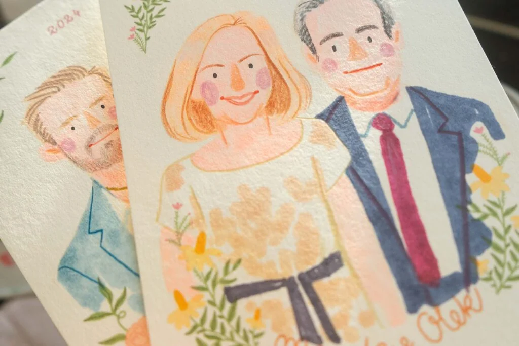 Live painting na weselu we Wrocławiu - portret pary młodej malowany na żywo
