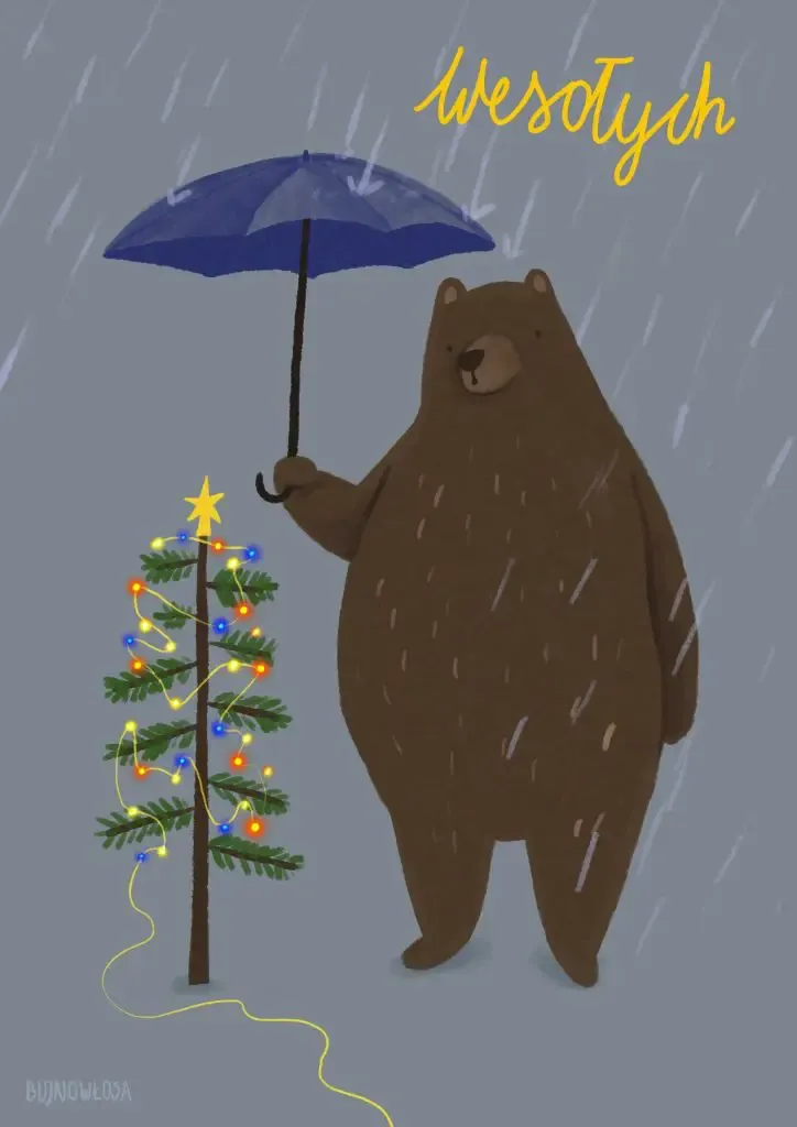 Personalizowana kartka świąteczna z misiem - autorska ilustracja