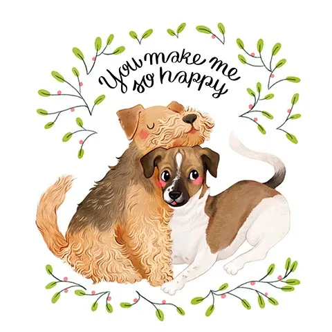 Akwarelowa ilustracja dwóch przytulonych psów w wieńcu z zielonych gałązek i różowych jagódek, z odręcznym napisem You make me so happy